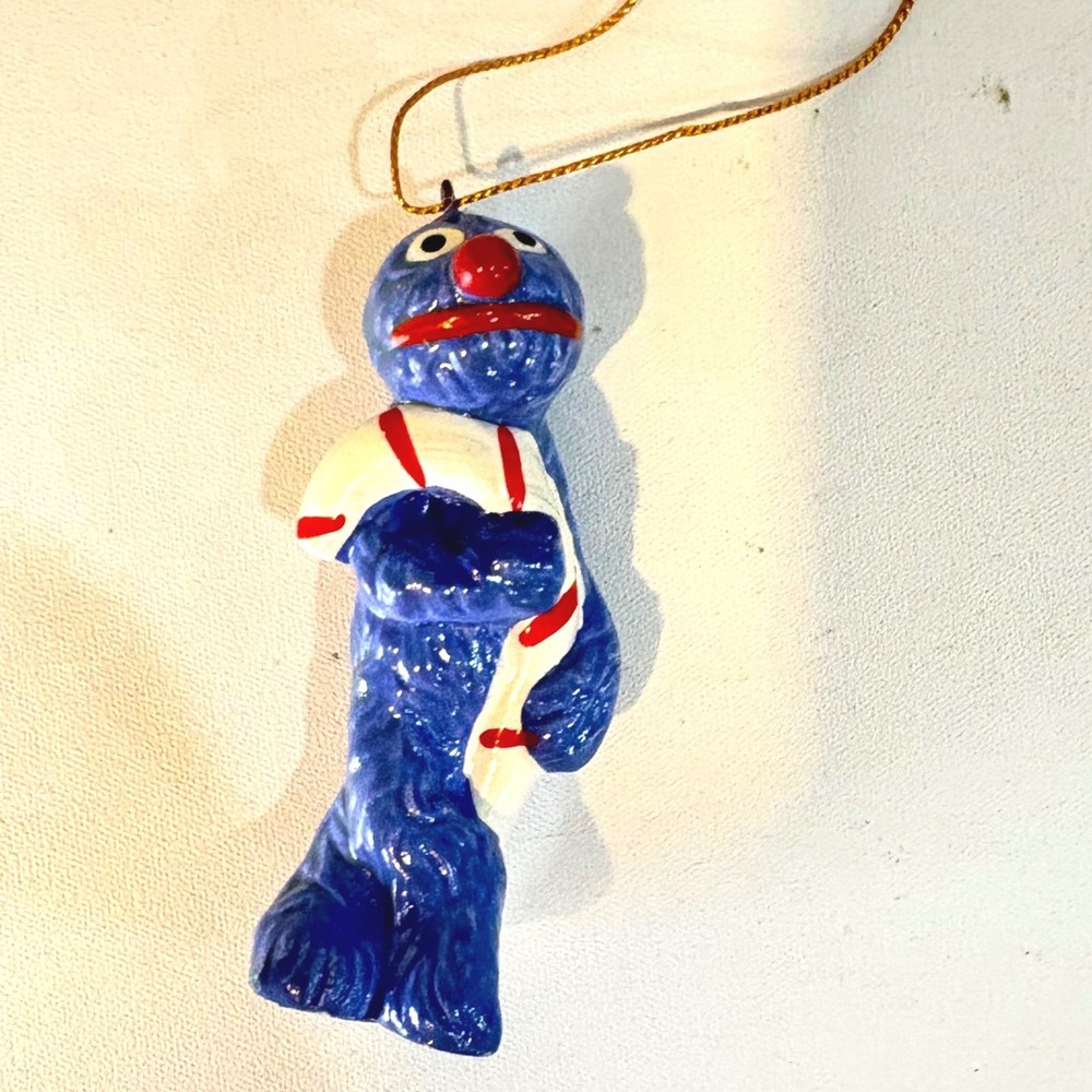 Sesame Street Grover Ceramic Christmas Ornament Candy Cane Blue Muppets Holiday